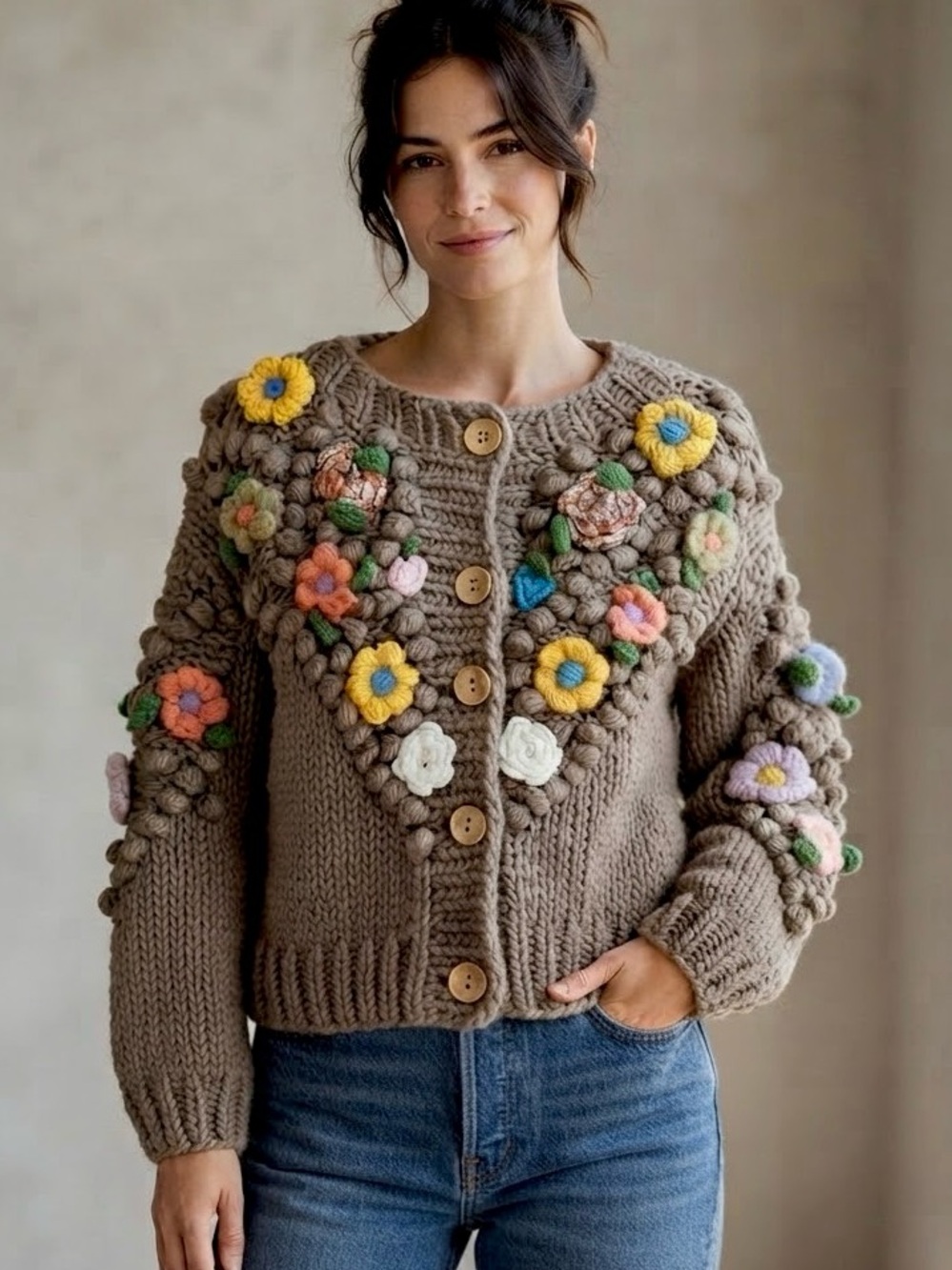 NWOT Metric Knits Chunky Knit Flower Appliqué Cardigan O/S